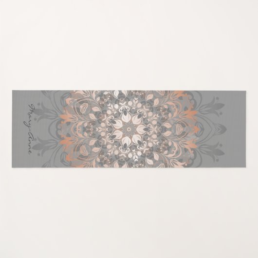 Roos Gold Grey Floral Mandala Monogram Yogamat (Voorkant (horizontaal))