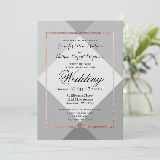 Roos Gold Grey Geo Wedding Invitations Kaart (Staand voorkant)