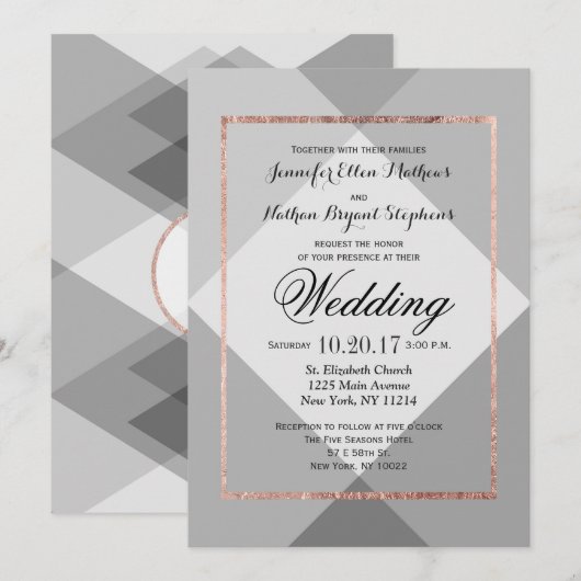 Roos Gold Grey Geo Wedding Invitations Kaart (Voorkant / Achterkant)
