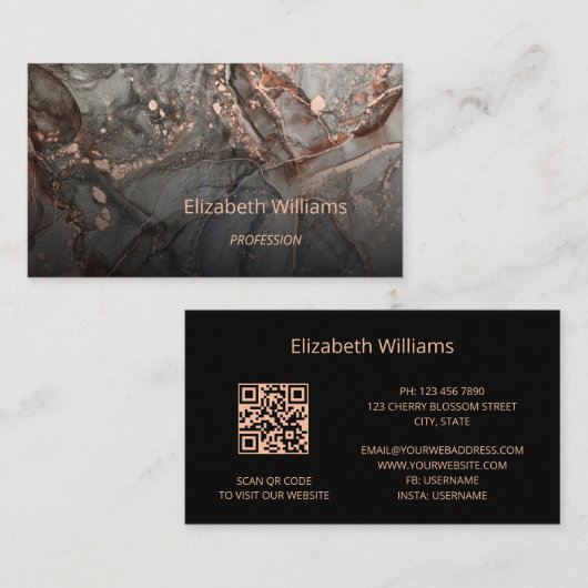 Roos Gold Grey Ink Marble Scan QR Code Visitekaartje (Voorkant / Achterkant)