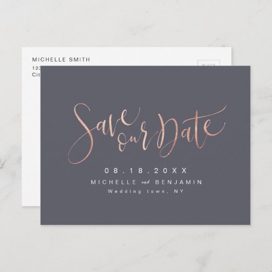 Roos Gold Grey Modern Simple Script Save the Date Aankondigingskaart (Voorkant / Achterkant)