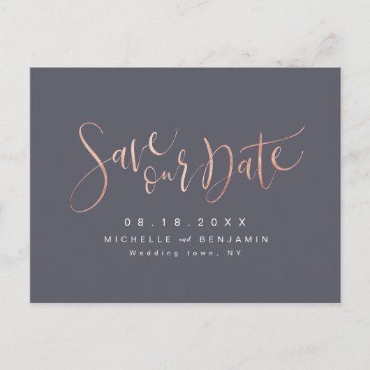 Roos Gold Grey Modern Simple Script Save the Date Aankondigingskaart (Voorkant)