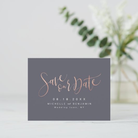 Roos Gold Grey Modern Simple Script Save the Date Aankondigingskaart (Staand voorkant)