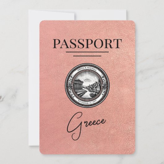 Roos Gold Griekenland Paspoort Huwelijksuitnodigin Kaart (Achterkant)