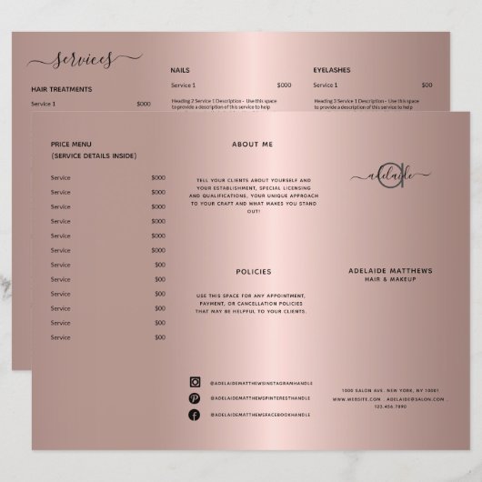 Roos Gold Hair Stylist Price List Service Menu (Voorkant / Achterkant)