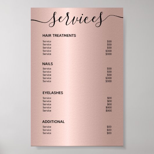 Roos Gold Hair Stylist Price List Service Menu Poster (Voorkant)