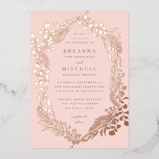 Roos Gold Hand-draw Fern Eucalyptus Wedding Folie Uitnodiging (Voorkant)