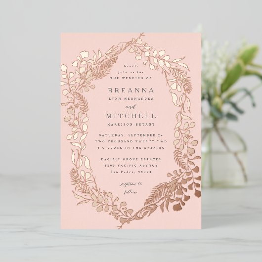 Roos Gold Hand-draw Fern Eucalyptus Wedding Folie Uitnodiging (Staand Voorkant)
