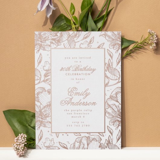 Roos Gold Hand Drawn Floral Birthday Folie Uitnodiging