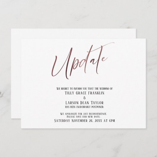 Roos Gold Handwrite Postponed Weddenupdate Kaart (Voorkant / Achterkant)