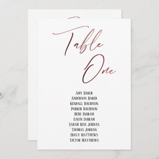 Roos Gold Handwriting Table One Seating Chart Card (Voorkant / Achterkant)
