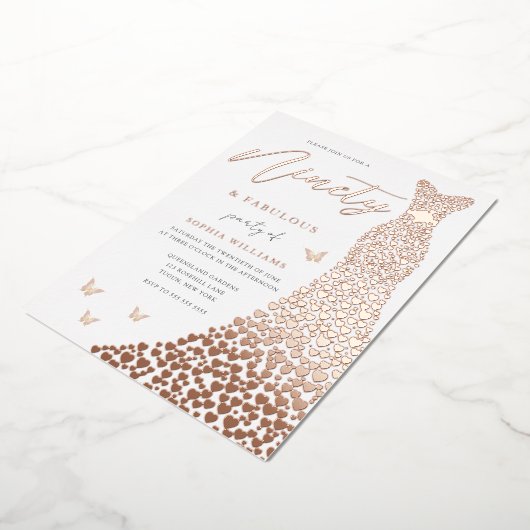 Roos Gold Heart 90th Birthday Party Real Folie Uitnodiging (Gedraaid)