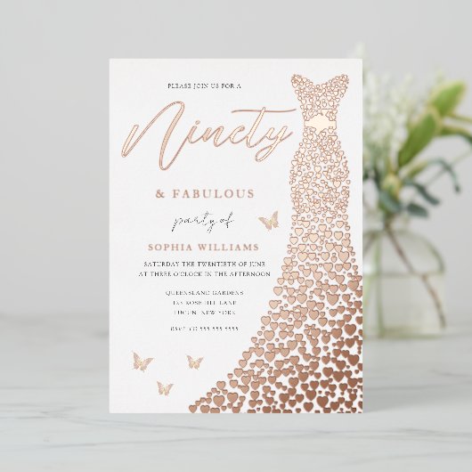 Roos Gold Heart 90th Birthday Party Real Folie Uitnodiging (Staand Voorkant)