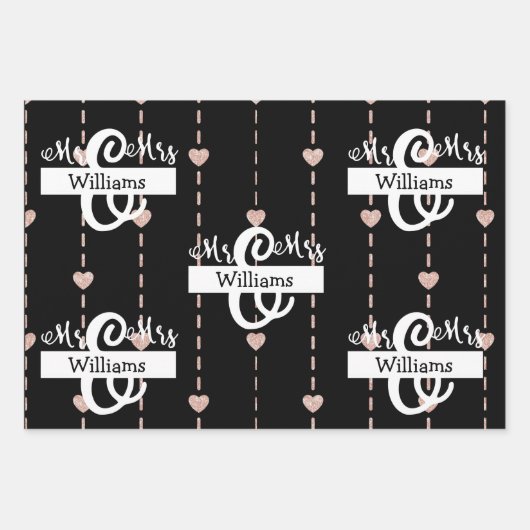 Roos Gold Heart Pattern Mr & Mrs Name Wedding Inpakpapier Vel (Voorkant)