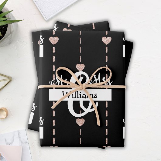 Roos Gold Heart Pattern Mr & Mrs Name Wedding Inpakpapier Vel