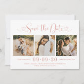 Roos Gold Heart Script 3 Fotobruiloft Collage Save The Date (Voorkant)