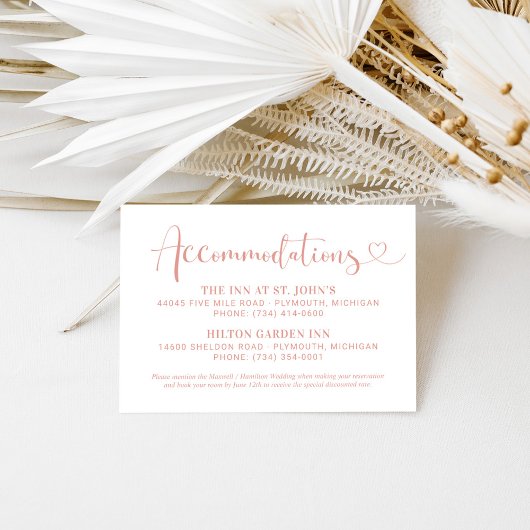 Roos Gold Heart Script Wedding Accommodations Informatiekaartje