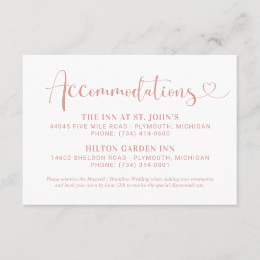 Roos Gold Heart Script Wedding Accommodations Informatiekaartje (Voorkant)