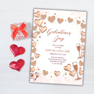 Roos Gold Hearts Champagne Galentine's Day Party Kaart