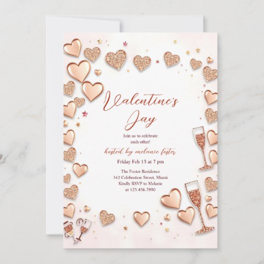 Roos Gold Hearts Champagne Valentijn's Day Party Kaart (Voorkant)