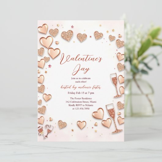Roos Gold Hearts Champagne Valentijn's Day Party Kaart (Staand voorkant)