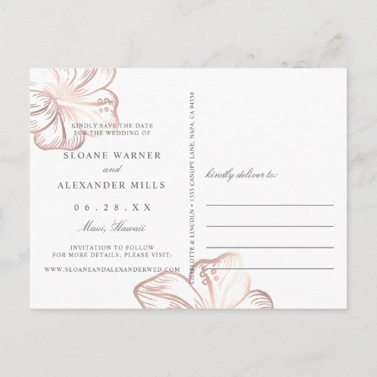 Roos Gold Hibiscus Flower Wedding Save the Date Aankondigingskaart (Achterkant)