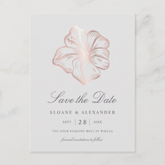 Roos Gold Hibiscus Flower Wedding Save the Date Aankondigingskaart (Voorkant)