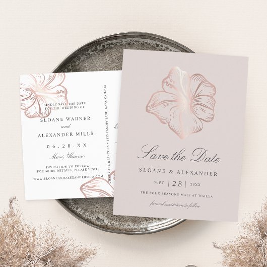 Roos Gold Hibiscus Flower Wedding Save the Date Aankondigingskaart