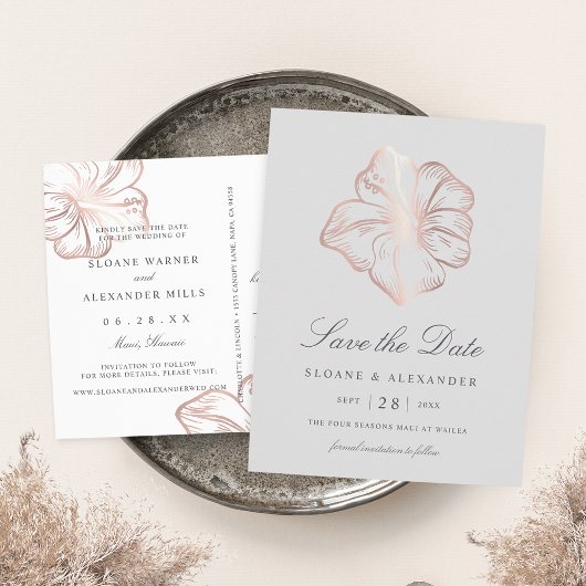 Roos Gold Hibiscus Flower Wedding Save the Date Aankondigingskaart