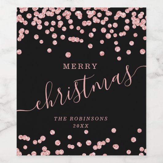 Roos Gold Holiday Kerstmis Glitter Confetti Black Wijn Etiket (Enkel label)