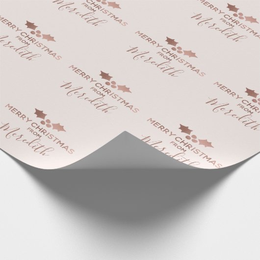 Roos Gold Holly Blush Merry Christmas Naam Cadeaupapier (Hoek)