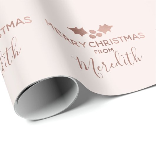 Roos Gold Holly Blush Merry Christmas Naam Cadeaupapier (Rol Hoek)