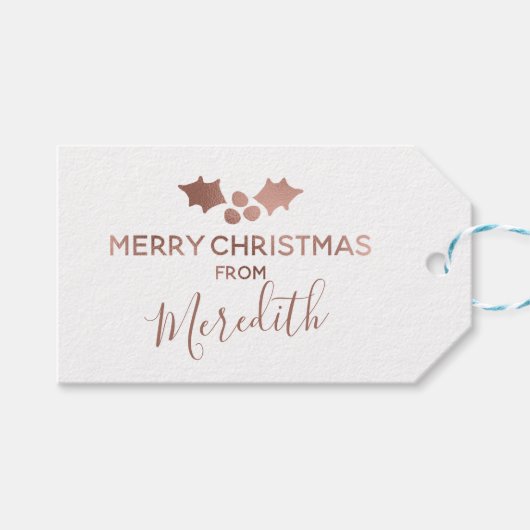 Roos Gold Holly White Merry Christmas uit naam Cadeaulabel (Voorkant (Horizontaal))