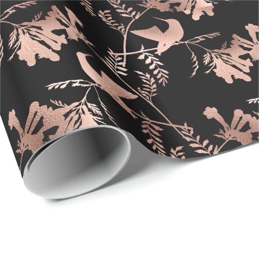 Roos Gold Hummingbird Pattern op Black Cadeaupapier (Rol Hoek)