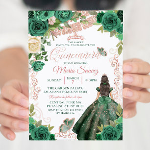 Roos Gold Hunter Green Mexican Floral Quinceañera Kaart