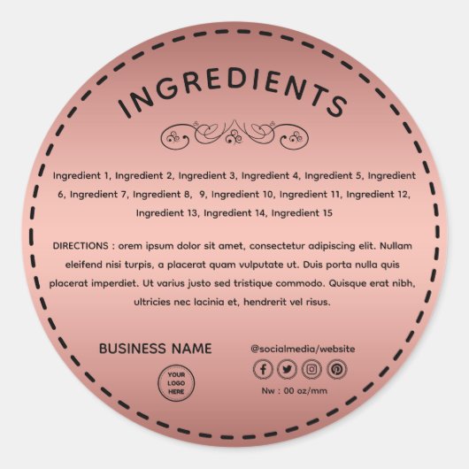 Roos Gold Ingredient Direction Logo Productlabel Ronde Sticker (Voorkant)