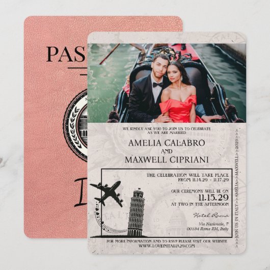 Roos Gold Italië Paspoort Huwelijksuitnodiging Kaart (Voorkant / Achterkant)