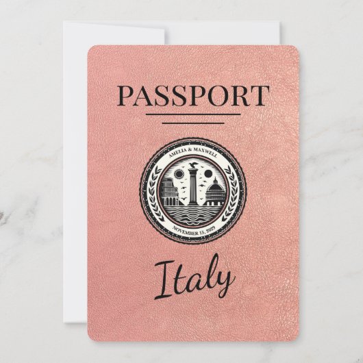 Roos Gold Italië Paspoort Huwelijksuitnodiging Kaart (Achterkant)