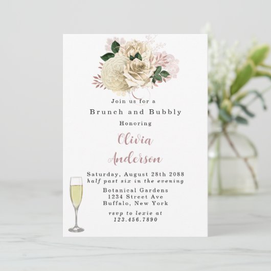 Roos Gold Ivory Roos Glitter Brunch en Bubble Inv Kaart (Staand voorkant)