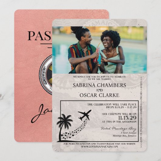 Roos Gold Jamaica Passport Wedding Invitation Kaart (Voorkant / Achterkant)