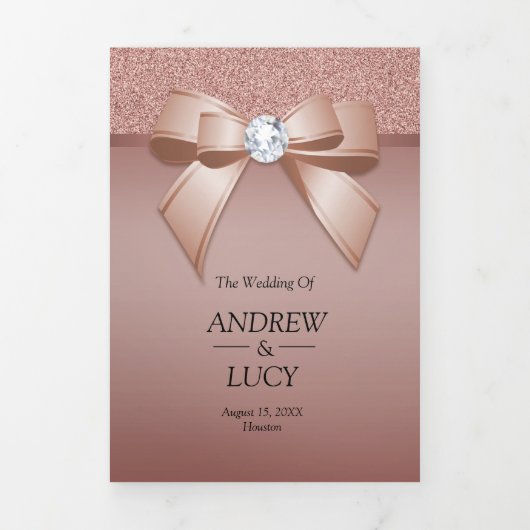 Roos Gold Jewel Gem Bow QR Code Huwelijk Drieluik Uitnodiging (Cover)