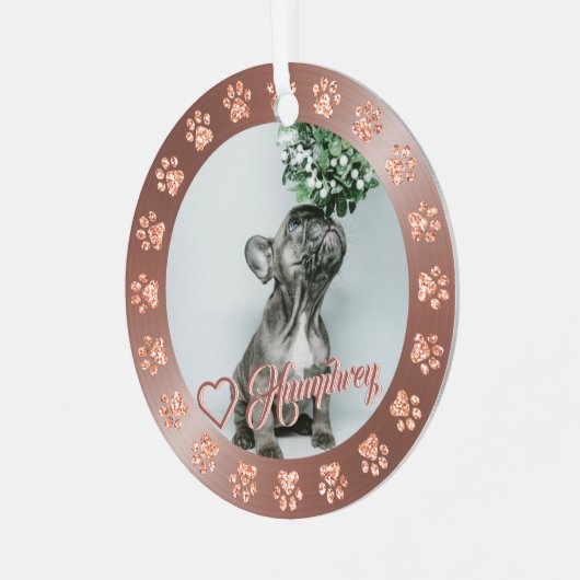 Roos Gold + kerstboom met glitter Paw-naam Metalen Ornament (Voorkant links)