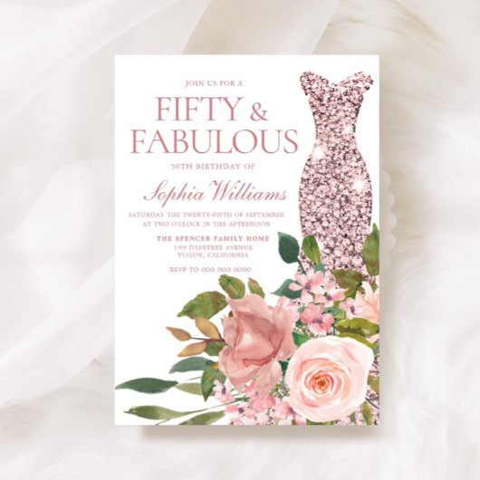 Roos Gold-klep & Blush roze bloemen 50e verjaardag Kaart