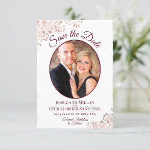 Roos Gold Lace & Burgundy Oval Photo Weddenschap Save The Date