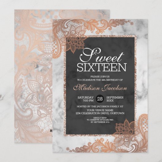 Roos Gold Lace en marble Sweet Sixteen Kaart (Voorkant / Achterkant)