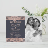 Roos Gold Lace en Navy Blue redden de data Save The Date (Staand voorkant)