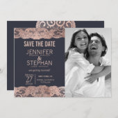 Roos Gold Lace en Navy Blue redden de data Save The Date (Voorkant / Achterkant)