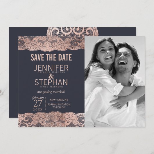 Roos Gold Lace en Navy Blue redden de data Save The Date (Voorkant / Achterkant)