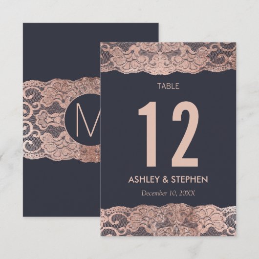 Roos Gold Lace en Navy Blue Table Numbers Kaart (Voorkant / Achterkant)