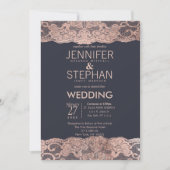 Roos Gold Lace en Navy Blue Wedding Invitations Kaart (Voorkant)